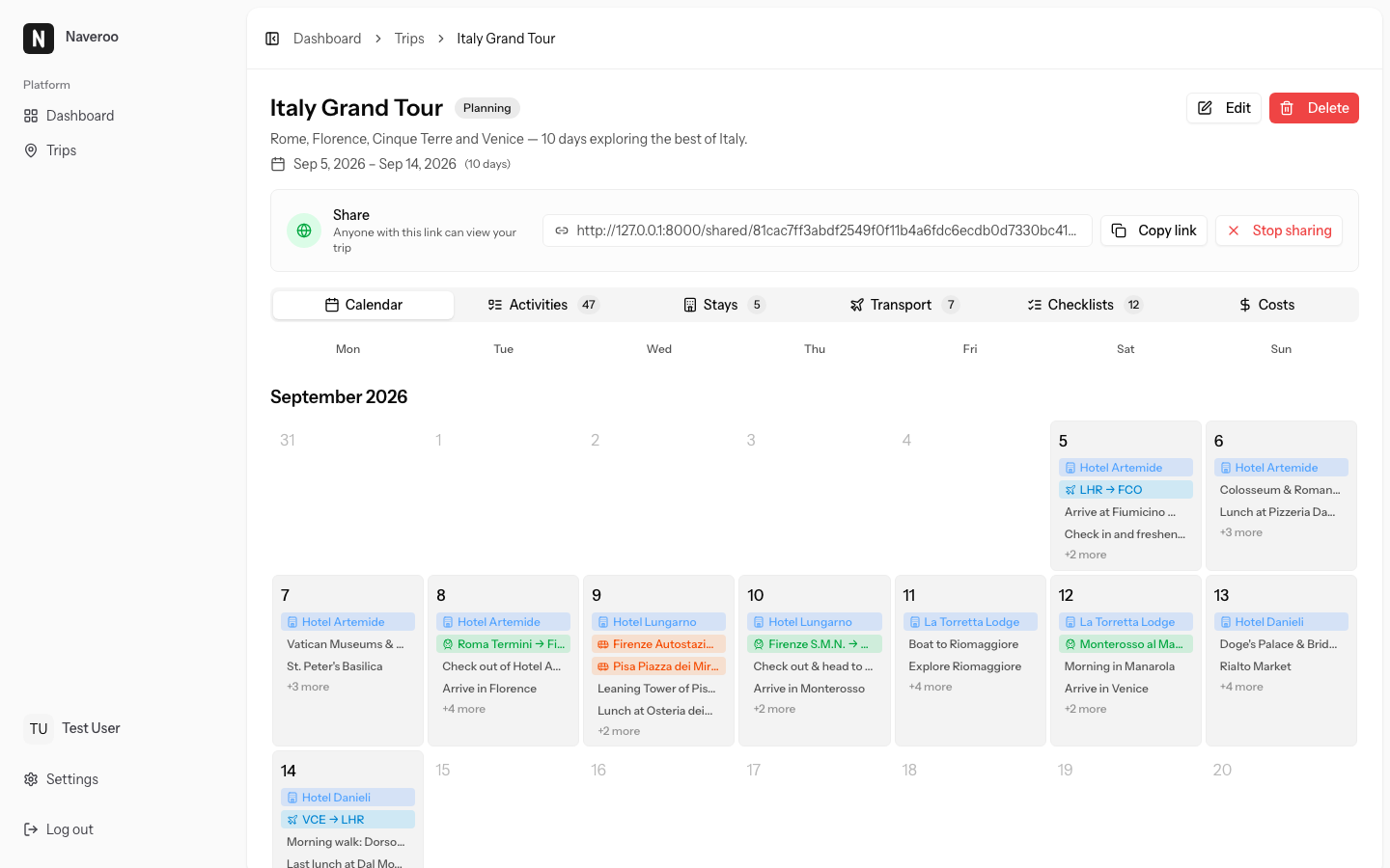 Trip planner calendar showing a 10-day Italy travel itinerary with activities, accommodations, and transport