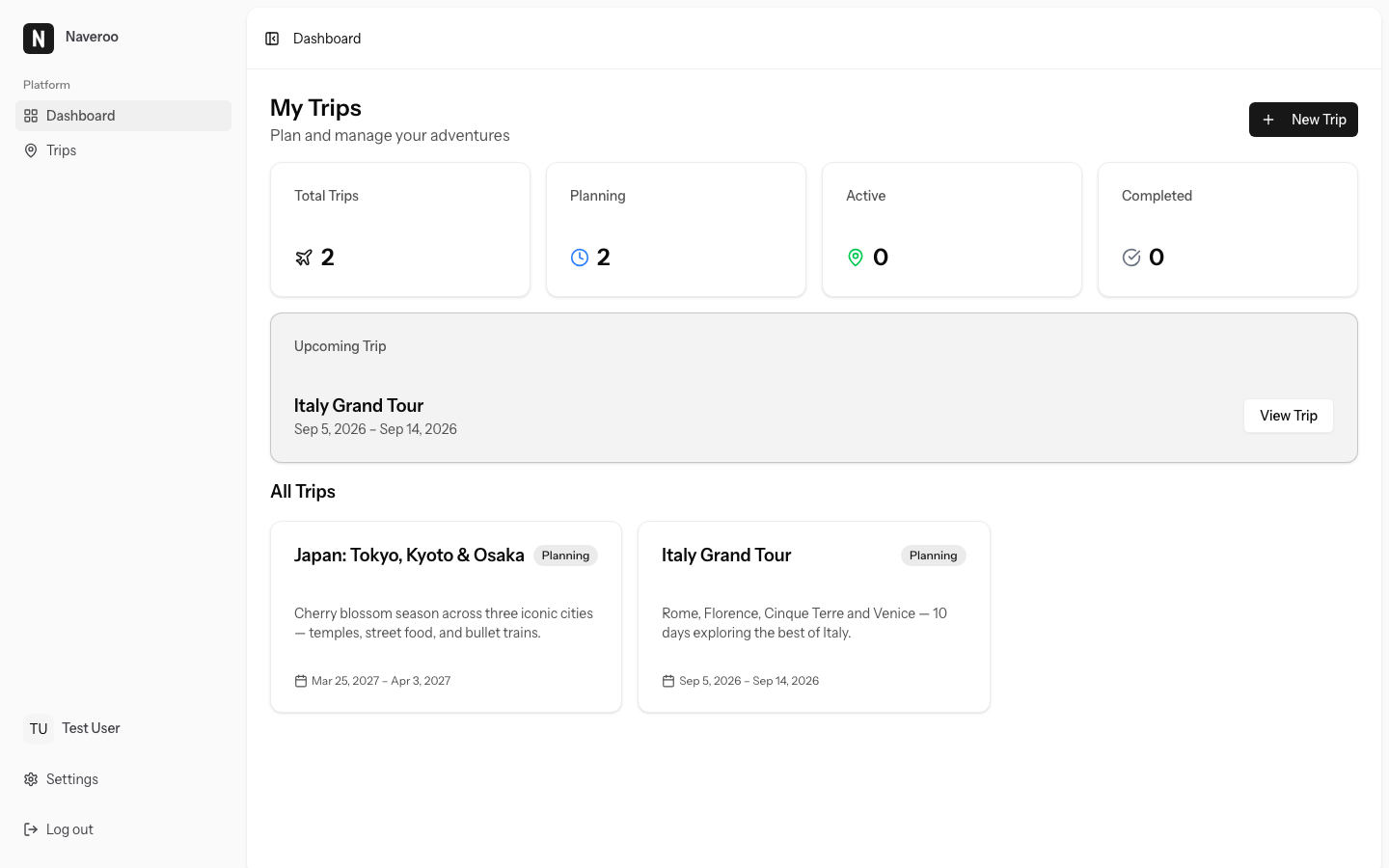 Dashboard showing upcoming trips with start and end dates
