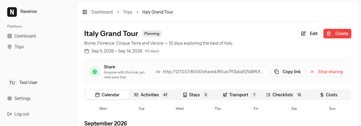 Share link section at the top of a trip